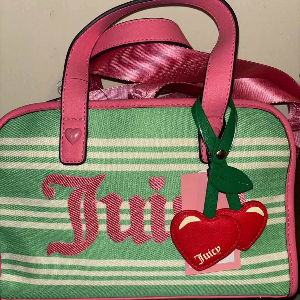 Juicy Couture Pink and Green Striped Cherry Tote